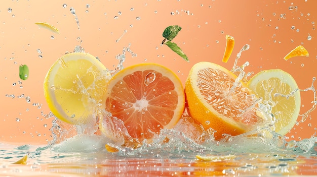 Citrus fruits including lemons oranges and grapefruits splashing in water on a vibrant orange background