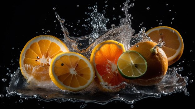 Citrus fruits slices in splash of water