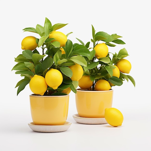 Citrus Greenery Potted Plants with Lemon on White Background