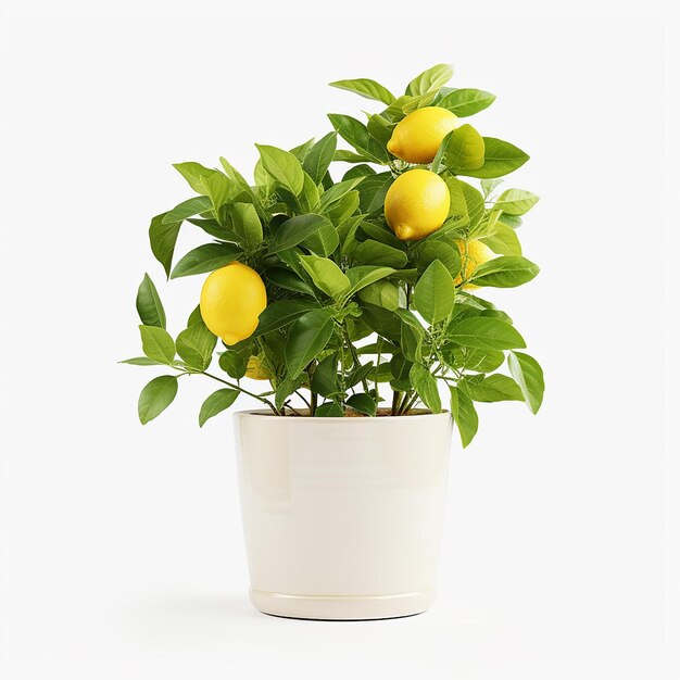 Citrus Greenery Potted Plants with Lemon on White Background