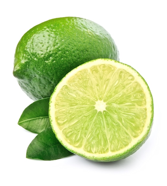 Citrus lime fruits with leaves close up isolated