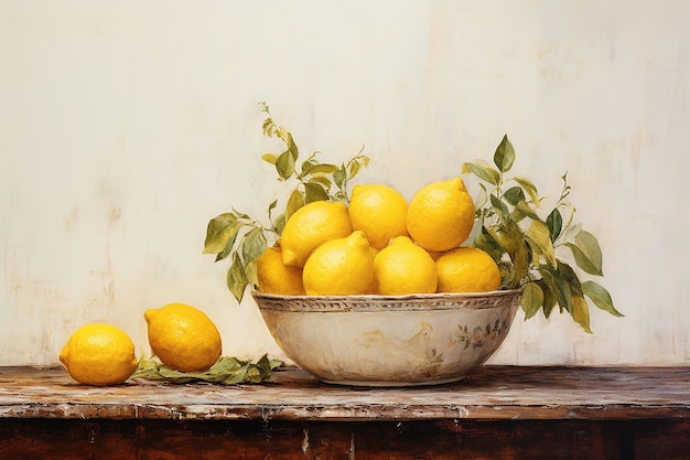 Citrus Serenade Still Life Lemons in Bowl with Soft Tones and Canvas Texture