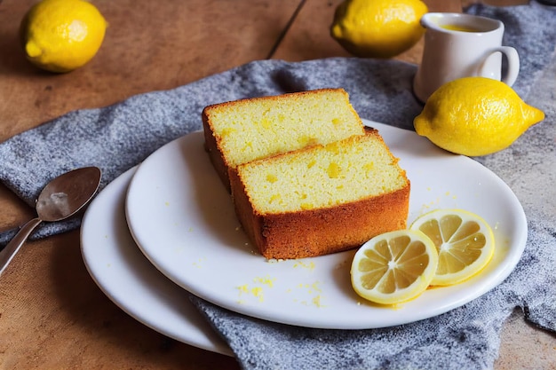 Citrus slices lemon cake on plate on table for breakfast