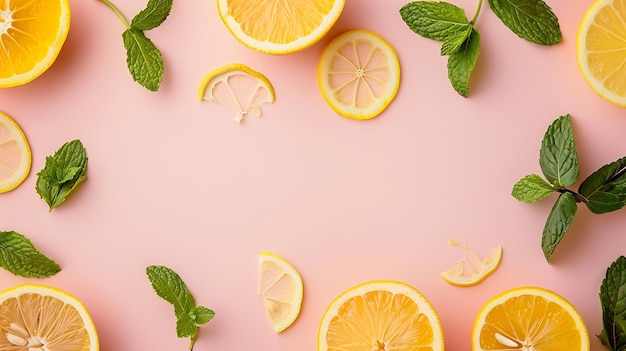 Citrus slices and mint herbs frame on retro pastel pink background with copyspace fr Generative AI