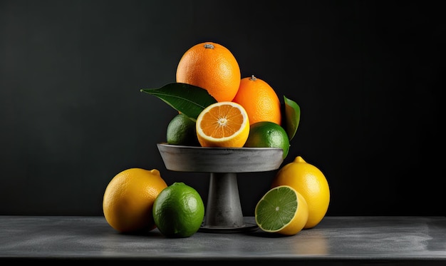 Citrus still life concept with lemon lime and orange on gray stands and podiums over white background generative AI