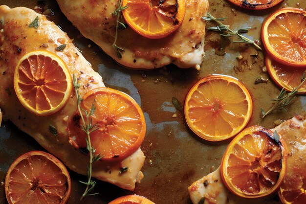 Photo citrusinfused baked chicken with orange slices and dipping sauce