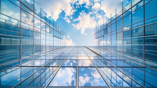 City architecture blue sky reflection Modern office building with glass facade Urban construction