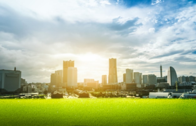 City background for product display with green grass counter top, mock up, tabletop, shelf.