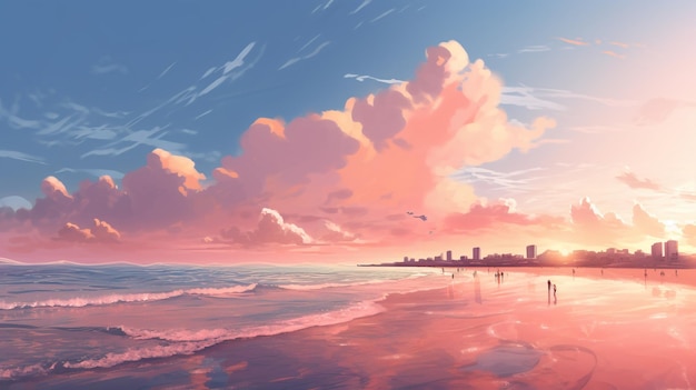 A city on the beach with a sunset