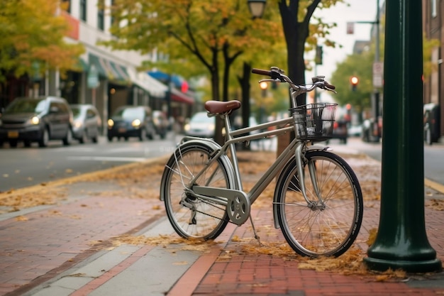 City Bike Scene Bicycle Parked Against Urban Bike Rack Generative AI