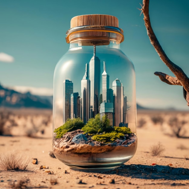 City in a bottle against the background of the desert ecology real estate greenhouse concept