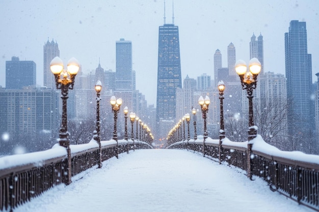 Photo a city bridge covered in snow with the skyline in the background