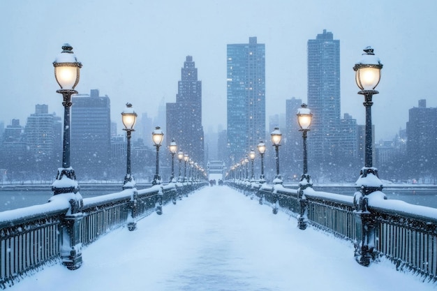 Photo a city bridge covered in snow with the skyline in the background