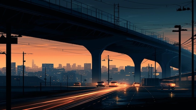 A city under a bridge at night