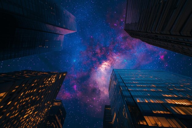 Photo city buildings against vibrant starry sky at night