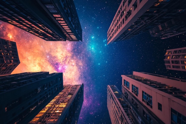 Photo city buildings against vibrant starry sky at night