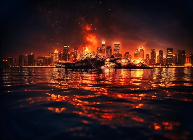 A city burning in front of an ocean