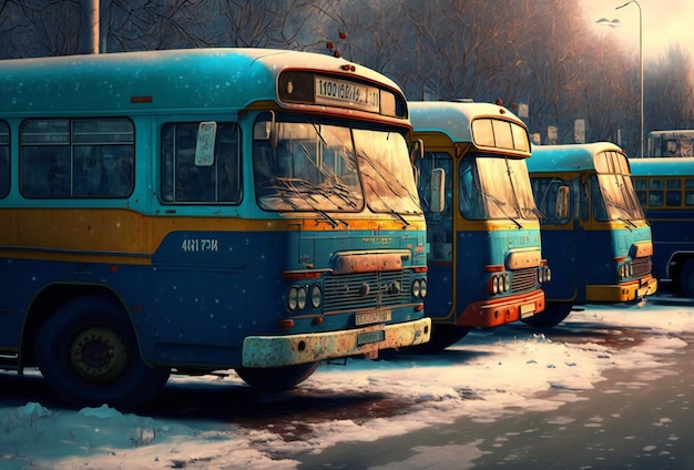 City buses in the parking digital illustration painting retro style