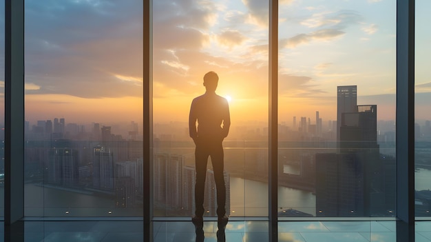 City Business Silhouette A person stands on a building surrounded by the glow of city