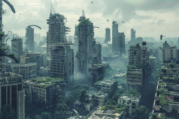 A city bustling with activity featuring numerous towering buildings in the postapocalyptic landscape A postapocalyptic cityscape rebuilt with advanced technology