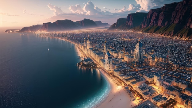 A city by the sea with a beach and mountains in the background