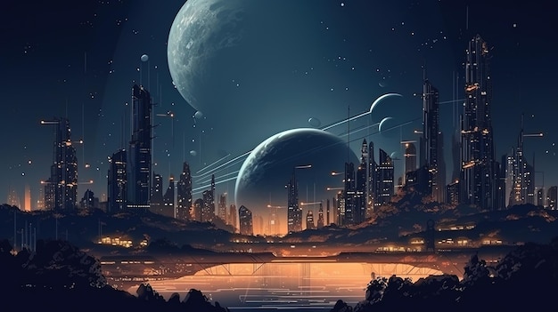 A city by the sea with a planet on the top