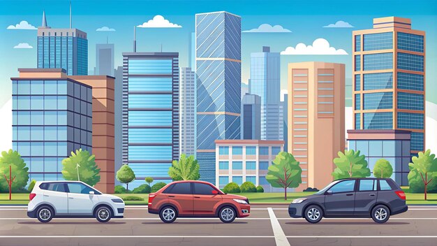 City car parking over skyscraper buildings modern cityscape background horizontal flat vector illust