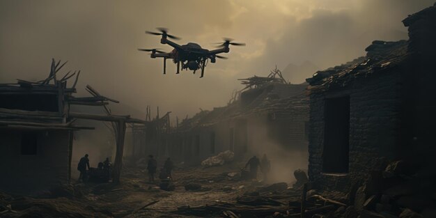 Photo city in chaos silhouetted military helicopter amidst apocalyptic destruction and smokefilled sunset