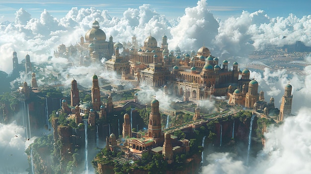 a city in the clouds with a temple in the middle