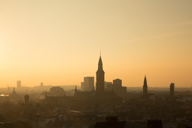 City of Copenhagen, Denmark. Beautiful evening light with backlit buildings.