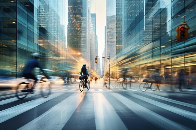 City cyclists speed past skyscrapers enjoying exercise