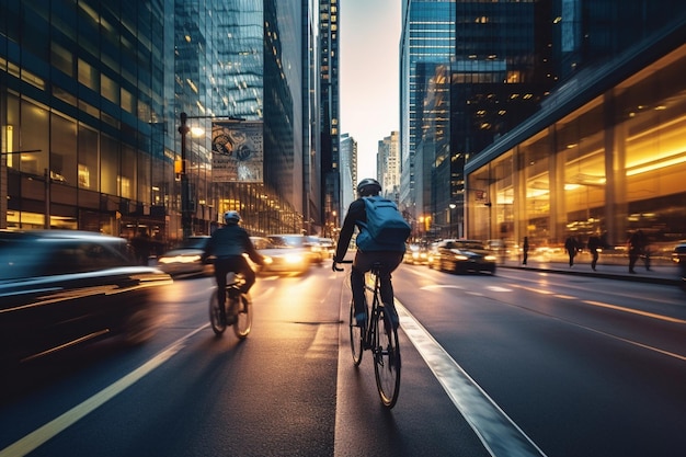 City cyclists speed past skyscrapers enjoying exercise