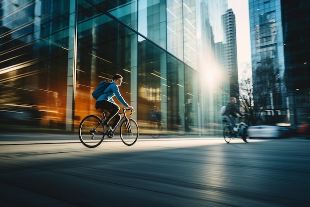 City cyclists speed past skyscrapers enjoying exercise