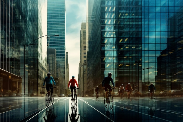 City cyclists speed past skyscrapers enjoying exercise