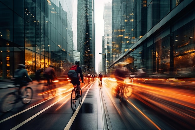 City cyclists speed past skyscrapers enjoying exercise