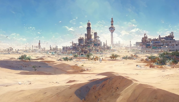 A city in the desert with a blue sky and a large building with a large tower in the middle.