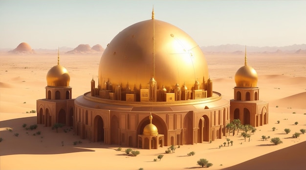 A city in the desert with a golden dome and a building with a dome in the middle Generative AI