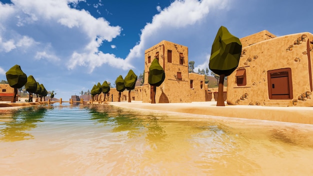 A city in the desert with old buildings in low poly 3d render