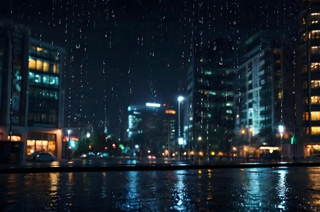 Photo city downtown background with raindrops at night rainy city wallpaper