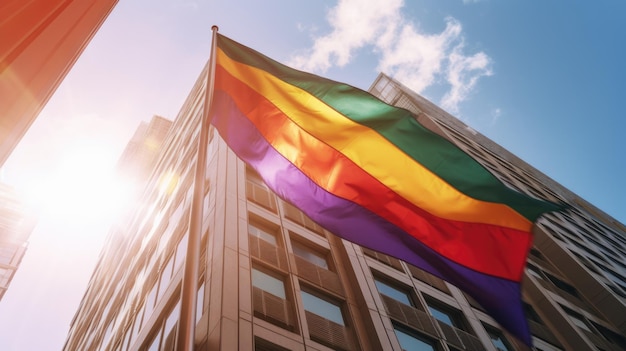 In city downtown looking up to the sky LGBT flag a rainbow colored flag Generative AI image weber