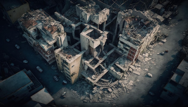 City drone view with collapsed and destroyed buildings post apocalyptic city AI