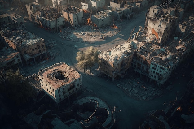 City drone view with collapsed and destroyed buildings post apocalyptic city AI