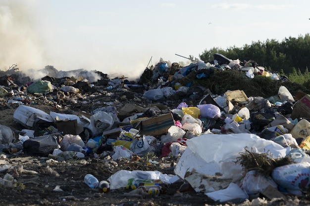 Photo city dump with different garbage burns on a sunny summer day: russia, moscow, july 19, 2019