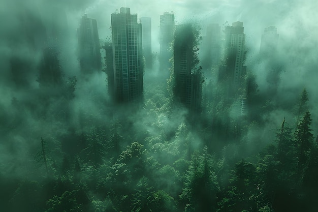 City Emerging From Foggy Forest