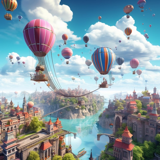 A city floating in the clouds with suspended walkways and colorful balloons image two