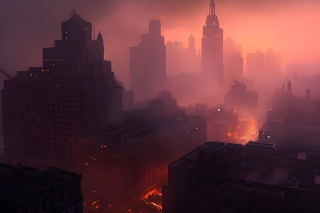 A city in the fog with a red light on the top