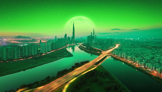 city of future from above with green sky