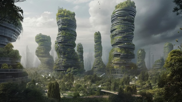 The city of the future is a city that is surrounded by trees and plants.