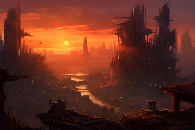 The city of the future is a digital painting of a city with a river and a bridge.