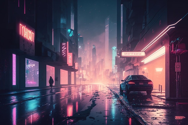 City of the future neon lit street that is deserted A photorealistic cyberpunk inspired